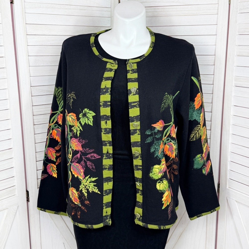 Sport Elle Painted Button Front Cardigan Sweater Black Green Multicolor Women XL